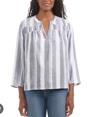 Splendid White and Gray Striped V-Neck Relaxed Blouse